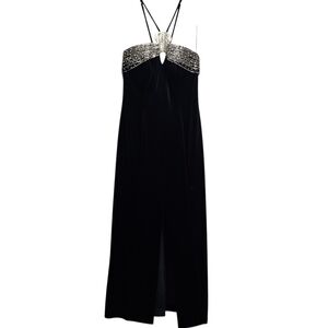 Frank Usher Vintage Black Velvet Silver/Black Beaded Halter Center Slit Gown